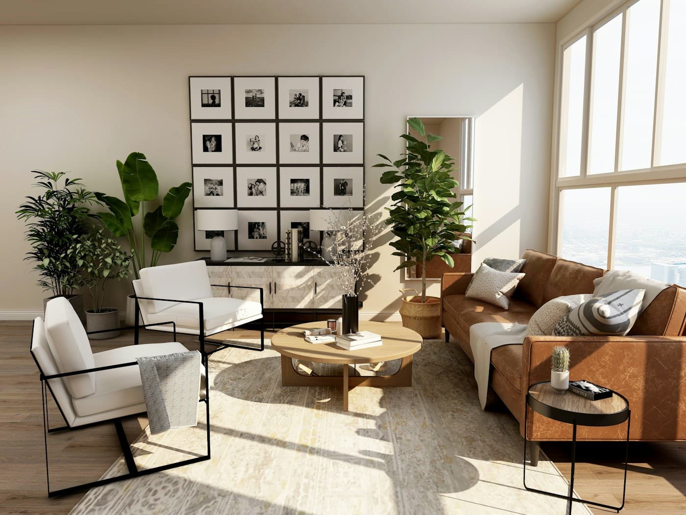 Warm neutral living space with natural textures and wooden furnishings