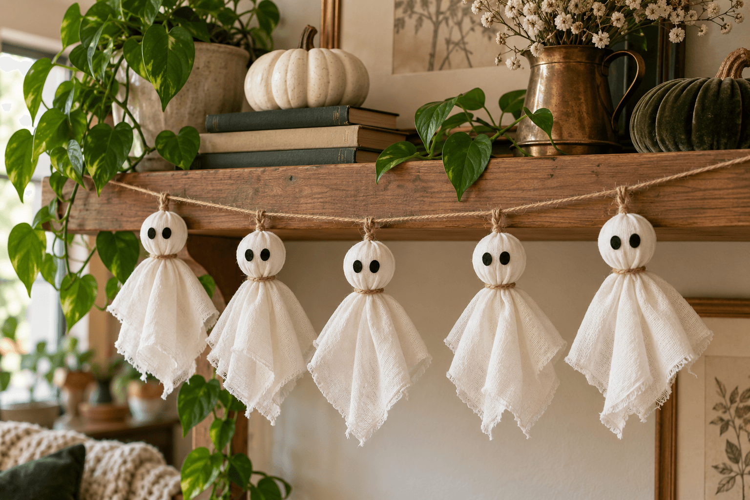Five white fabric ghosts hanging from twine along a wooden shelf