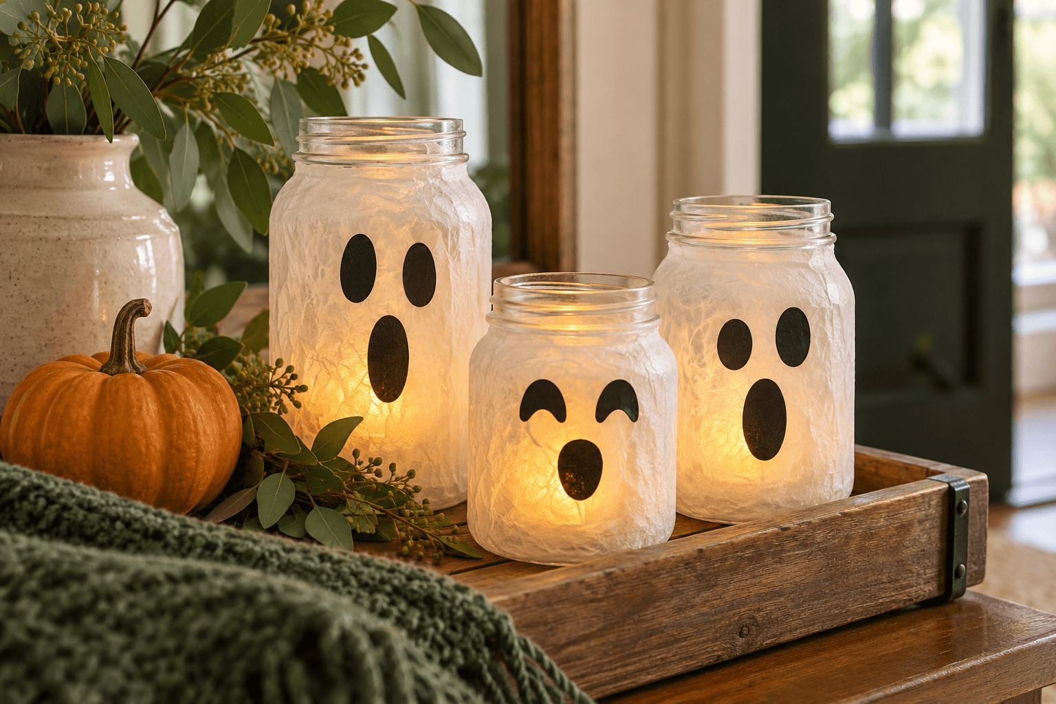 White tissue-covered glass ghost jars glowing with battery lights on a wooden tray