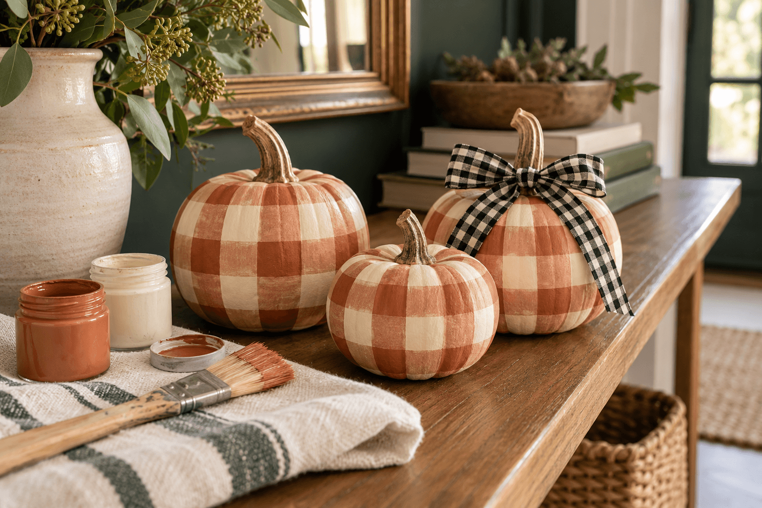 Cream and terracotta gingham pumpkins with a ribbon on a wooden table