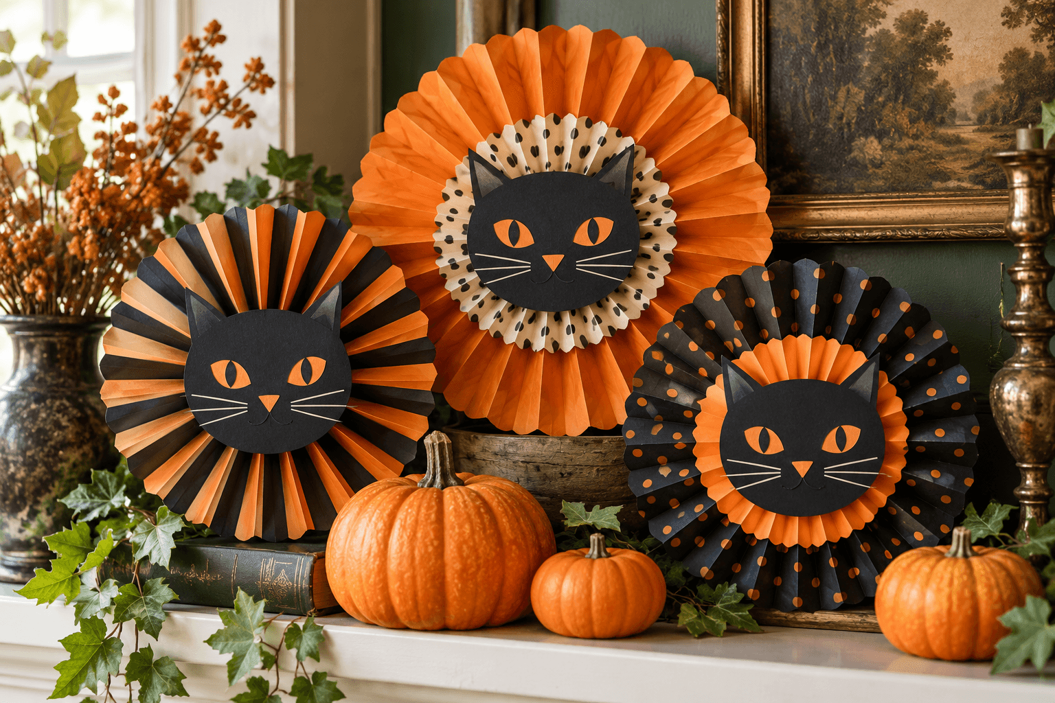 Orange and black accordion paper rosettes with black cat medallions on a shelf