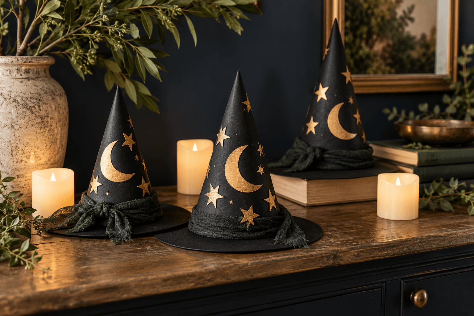 Black paper witch hats decorated with gold moons and stars beside LED candles