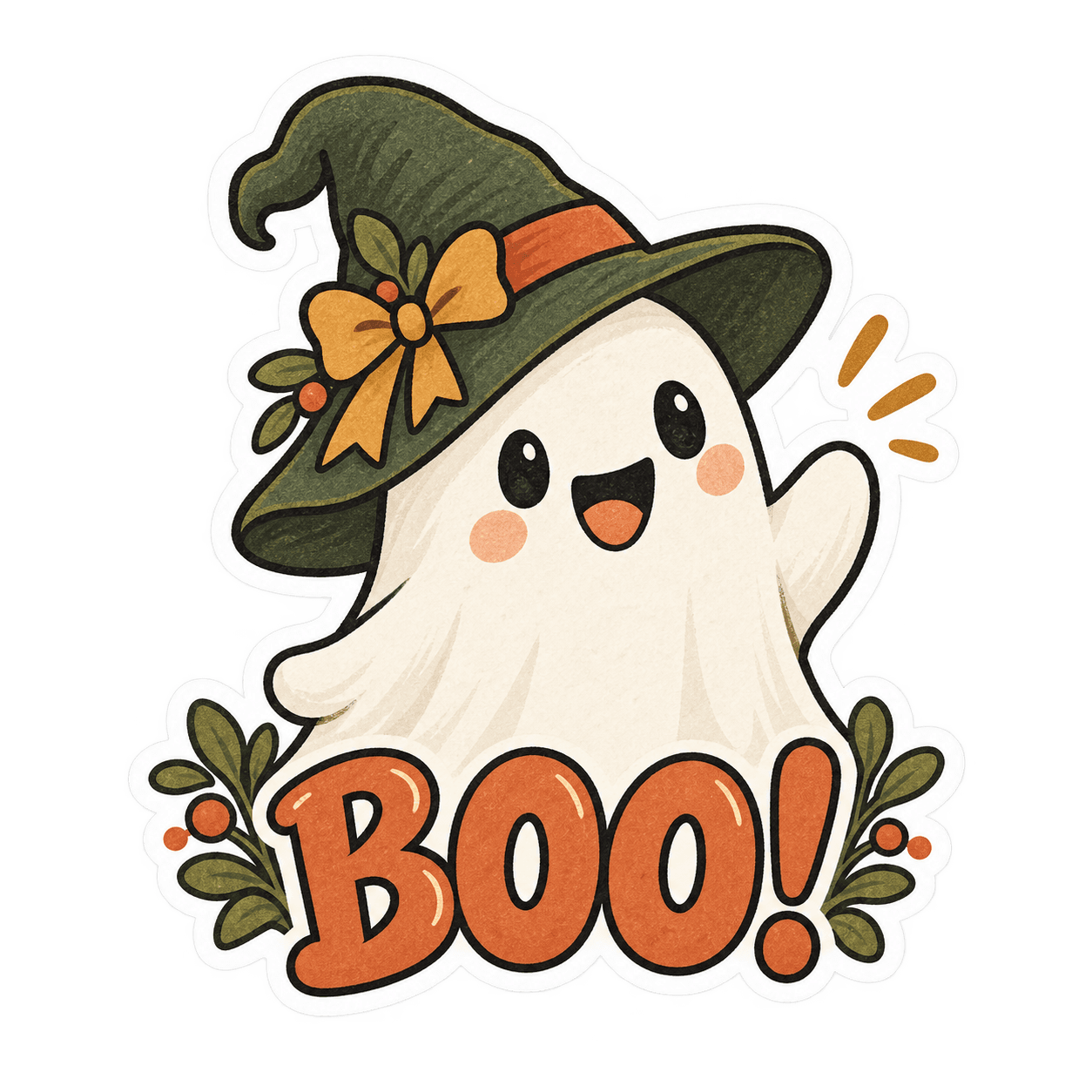 Cute ivory ghost waving with Boo lettering