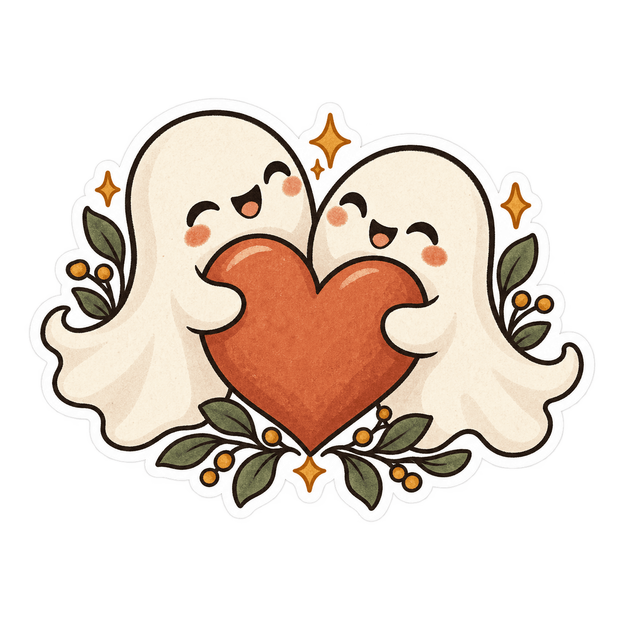 Two cute ghosts hugging a terracotta heart
