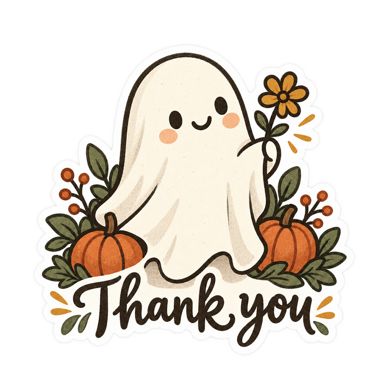 Friendly ghost offering a flower with Thank you lettering