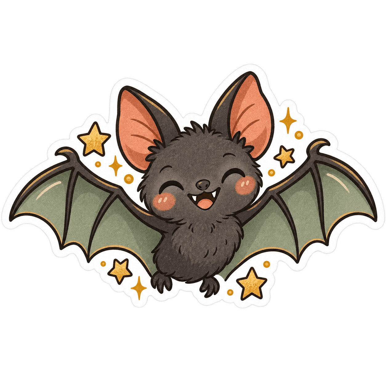 Smiling cartoon bat with rosy cheeks and golden stars