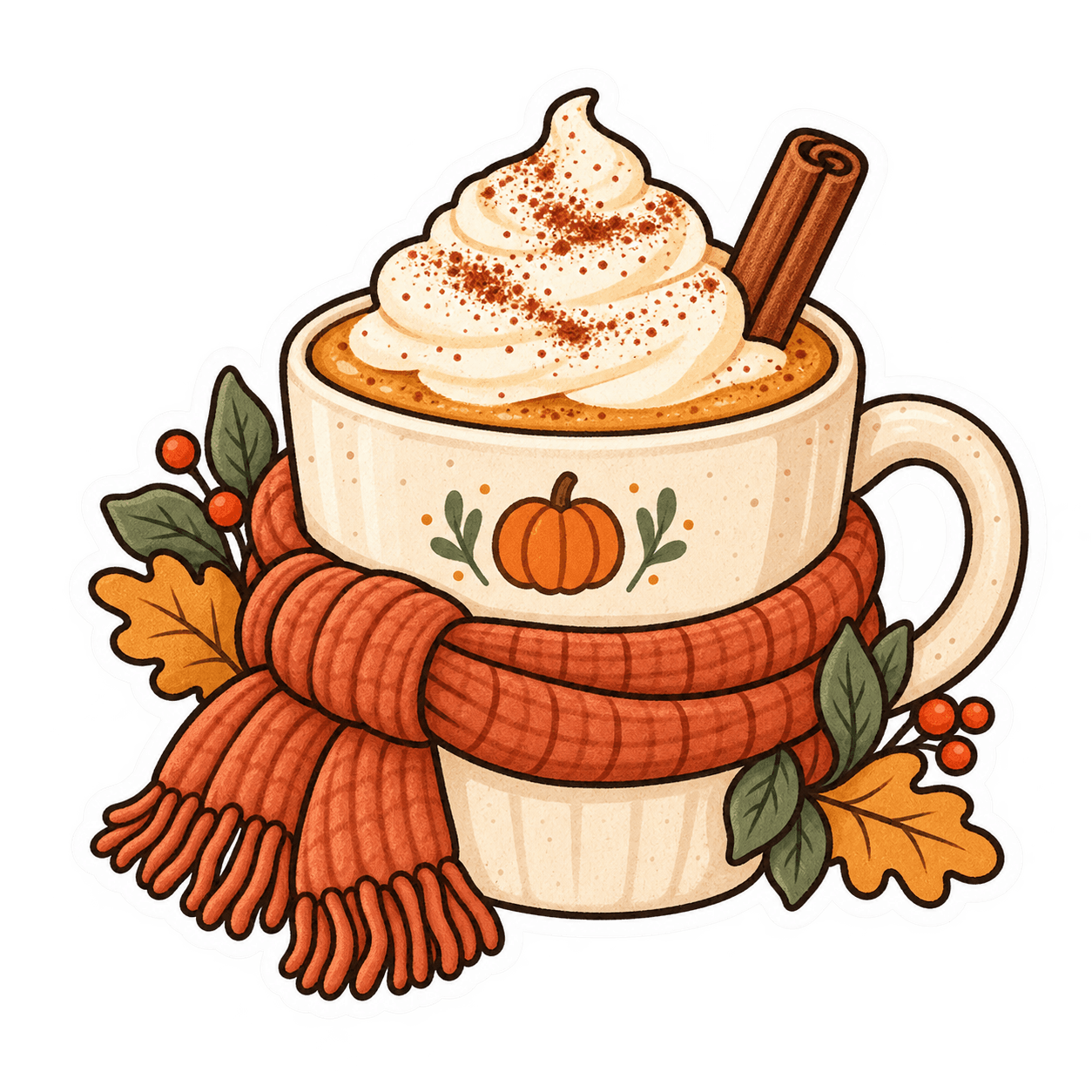 Illustrated pumpkin latte mug wearing a terracotta scarf