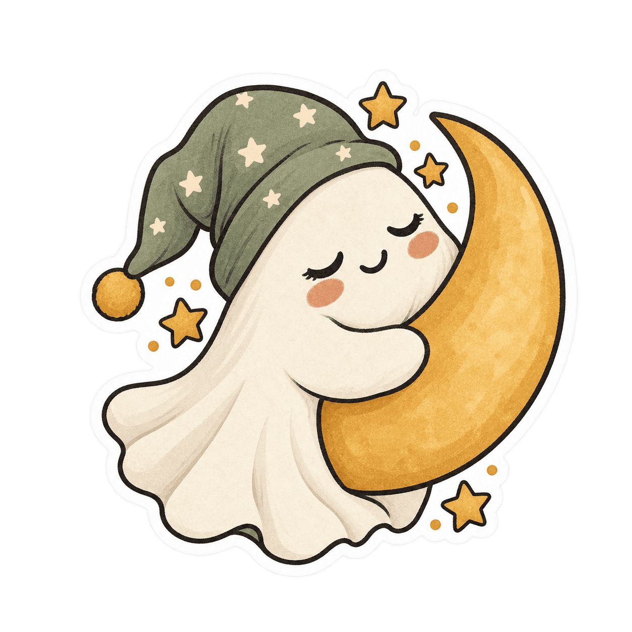 Sleepy ghost in a sage nightcap hugging a crescent moon