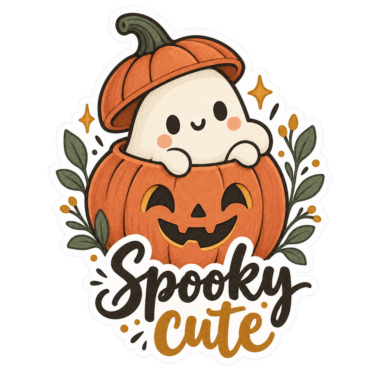 Cute ghost peeking out of a pumpkin with Spooky cute lettering