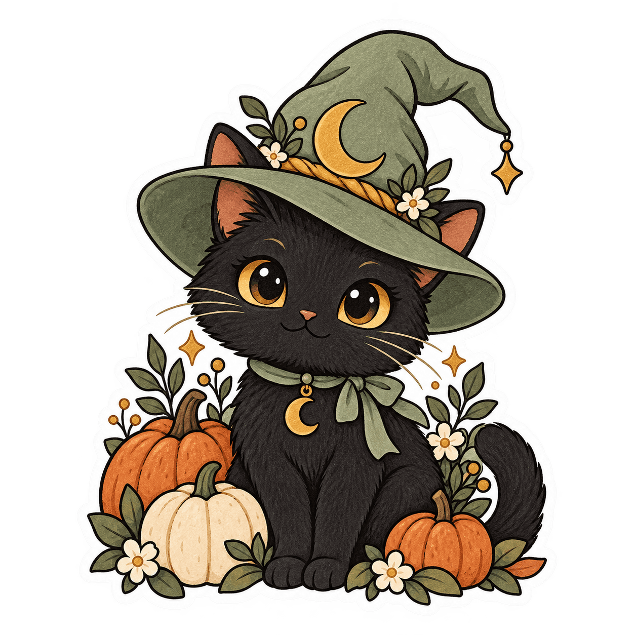 Black cat wearing a sage green witch hat
