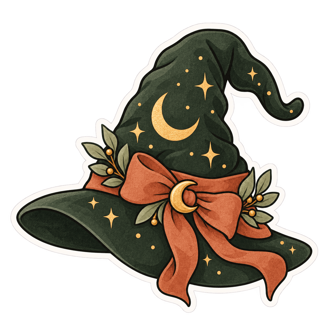 Forest green witch hat decorated with a gold moon and stars